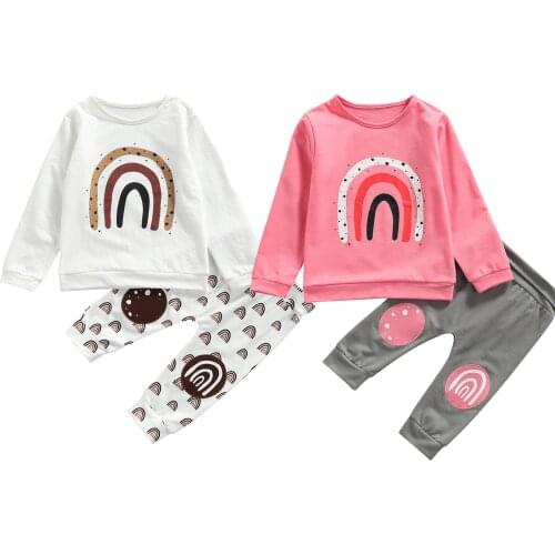 New Toddler Girls 2Pcs Fall Outfits, Casual Long Sleeve Rainbow Print Pullover and Pants Set