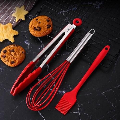 3pcStainless Steel Silicone Food Tongs Kitchen Non-Slip Cooking Clip Tools Grill Tongs With Egg Whisk Oil Brush Kitchen Tool