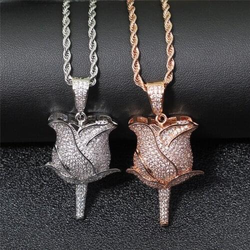 Clear Cubic Zircon Rose Flower Pendant Copper Necklace For Men Women Hip Hop Rapper Jewelry Drop Shipping