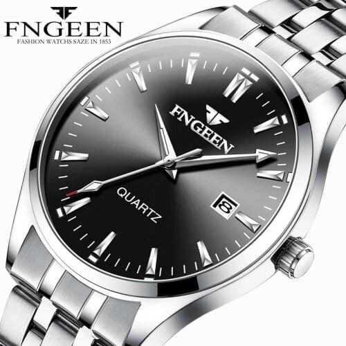 FNGEEN Series Watch Mens Quartz Business Watch Stainless Steel Straps Waterproof Calendar Display Mens Watch Relogio Masculino