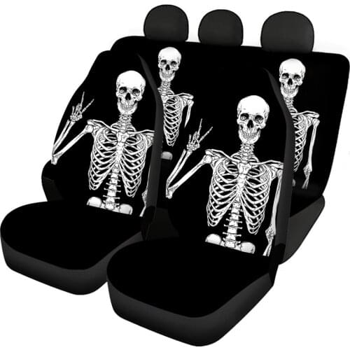 Upetstory Black Skeleton Skull Print Car Seat Covers Full Set Universal Fit Auto Car Front Seat and Back Seat Cushion Protector