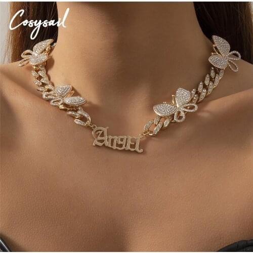 Cosysail Shiny Rinestone Butterfly Choker Necklace Cute Angel Letter Necklace Chunky Crystal Collar Necklace Women Jewelry Gift