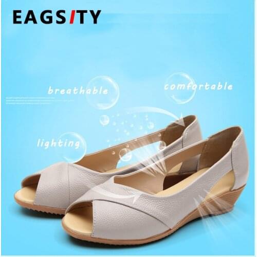 EAGSITY Leather women wedges peep toe slip on comfortable sandals party office career mother nurse health work shoes