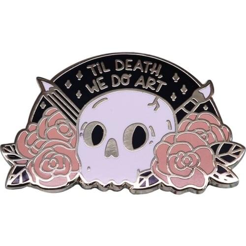 Til Death We Do Art Enamel Lapel Pin Skull Flowers brooch Punk Jacket Decor Gothic Jewelry