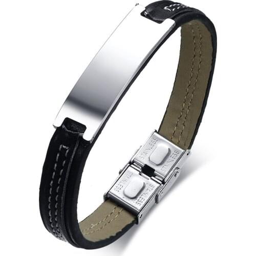 European And American Style Leather Material Blank Curved Label And Can Be Engraved Silmple Bracelet For Men 's Accessories