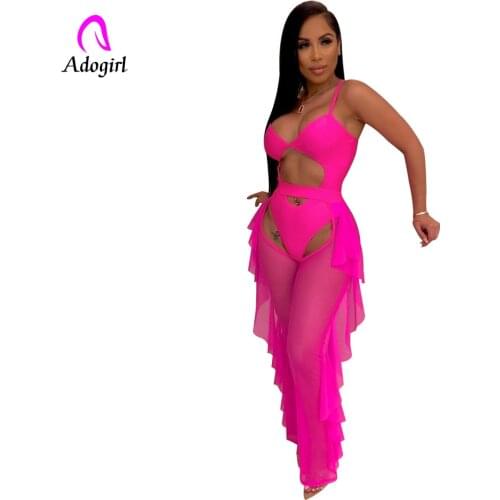 Fluorescence Sexy 2 Piece Set Cut Out Spaghetti Straps Bodysuit Swimwear and Ruffle Mesh Open Crotch Pants Night Bathing Suits