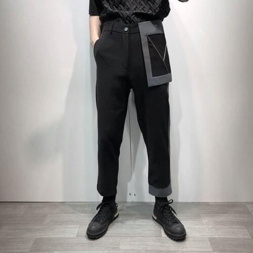 Original designers personalized big pocket color matching loose and slightly collapsed Capris mens dark simple non iron casual