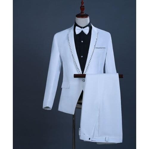 Luxury Diamond Design White 2 Piece Suit Men Party Wedding Tuxedo Suits with Pants Stage Singer Prom Men Suit Costume Homme XXL