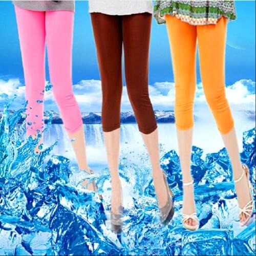 Summer New Thin Women cropped trousers large size candy color ice silk fabric leggings soft smooth cool elegant color breathable