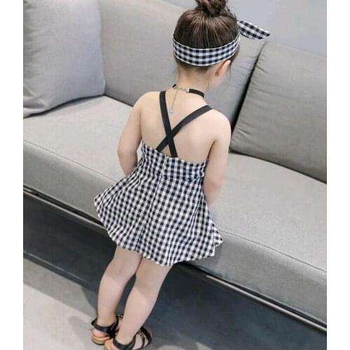 2019 summer dress girls classic plaid dress halter back princess dress children short hair belt