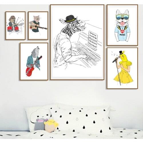 Cartoon Musician Zebra Horse Wolf Bird Dog Wall Art Canvas Painting Nordic Posters and Prints Wall Pictures Baby Kids Room Decor