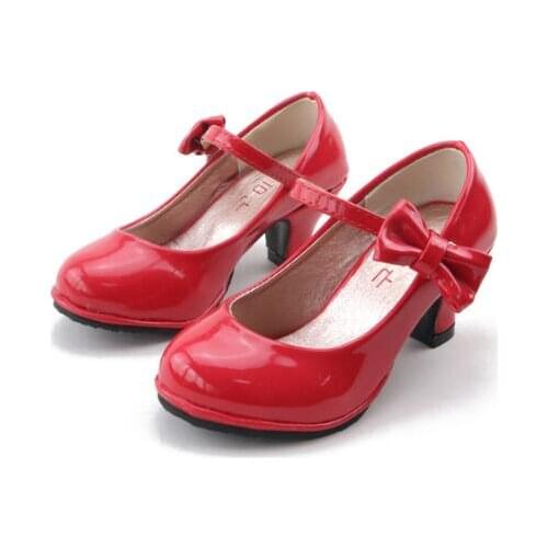 2020 New hot sale princess leather dance shoes girls party bow shoes shiny Solid Red color high-heeled fashion shoes for kids