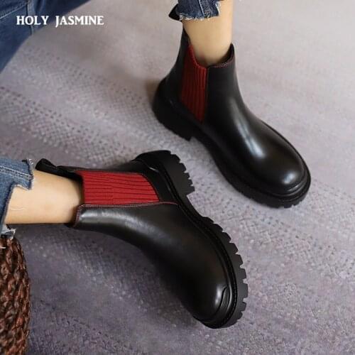 Genuine Leather Autumn Boots for Women Platform Chelsea Boot Spring Cowhide Booties Fashion Female Thick Bottom Black Bootie