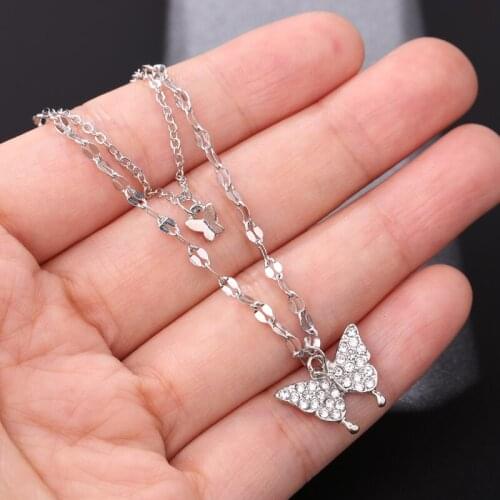 UNNAIER Korea Fashion Ladies Necklace Rhinestone Butterfly Clavicle Chain Multilayer Double Necklace 2021 Trend Jewelry