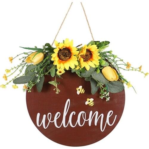Bee Day Artificial Sunflower Wreath Welcome Sign Hanging Round Wood Sign for Front Door Farmhouse Garland Wall Decor