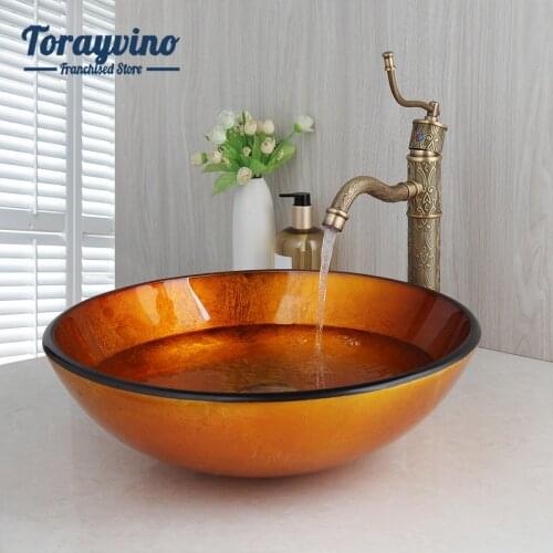 Torayvino Bathroom Washbasin Tempered Glass Basin Round Brown Sink Faucet Set Brass Waterfall Tap Washroom Vessel Vanity Set