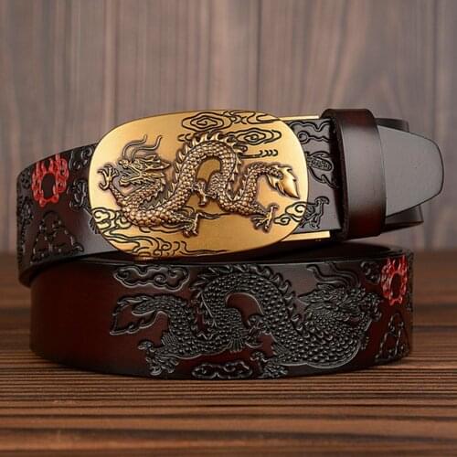 New Mens Automatic Buckle Belt 3D Dragon Embossed Youth Pants Belt Retro Alloy Dragon Automatic Buckle Leather Belt