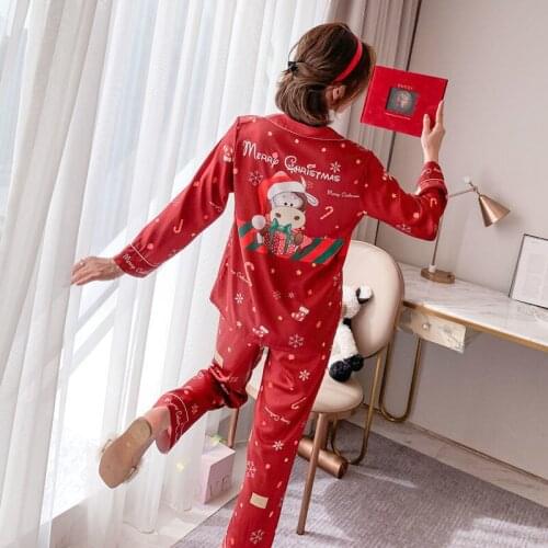 Christmas Pajamas Female Spring Autumn Long-sleeved Comfortable Cardigan Loungewear Female Suit Cute Cartoon Ice Silk Pajamas