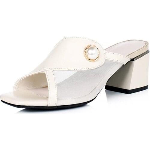 2020 New Summer Pearl Cowhide Mesh Leather Sandals Fish Mouth Fashion Sandals Slippers Comfort Non-slip Women High Heel Sandals