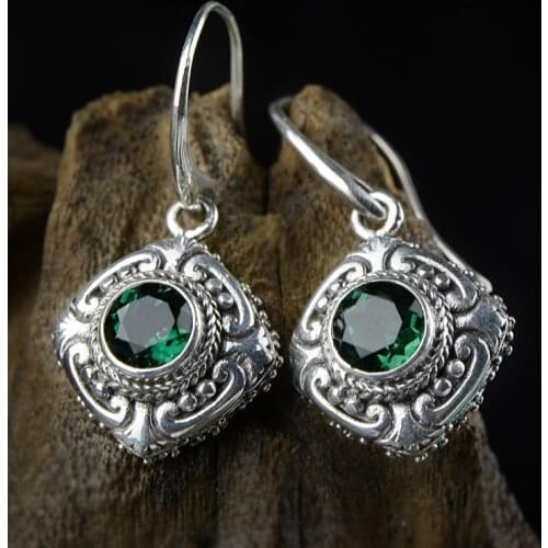 Silver Earrings palace Baroque antique Thai silver green crystal earrings, stone carving hollowed jewelry accessories