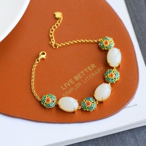 Silver inlaid natural Hetian Chalcedony bracelet Chinese style retro palace minority design plant womens brand jewelry