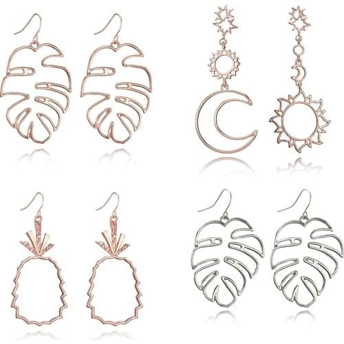 Docona Bohemian Moon Sun Fruit Drop Earring for Women Charms Hollow Geometry Alloy Long Pericing Dangle Earrings Ladies Jewelry