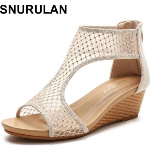 SNURULANWomen Summer Breathable Hollow Mesh Sandals 2021 New 5cm Wedge Mid Heels Shoes Vintage Classic Black Beige Peep Toe Dres