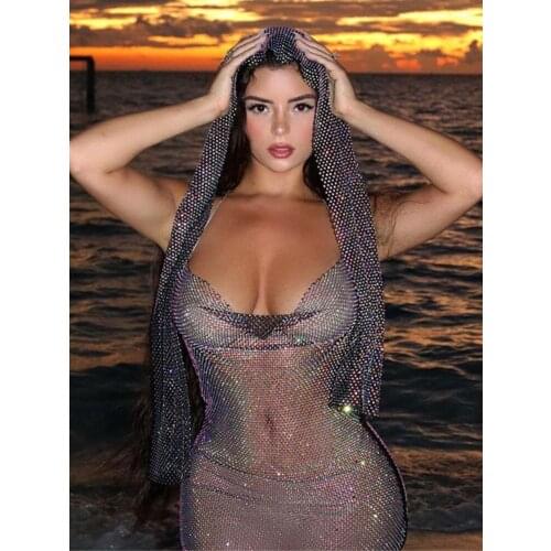 SRUBY Sexy glitter Fishnet metal Rhinestone Summer Dress Women y2k Festival club party dress elegant vintage Dresses