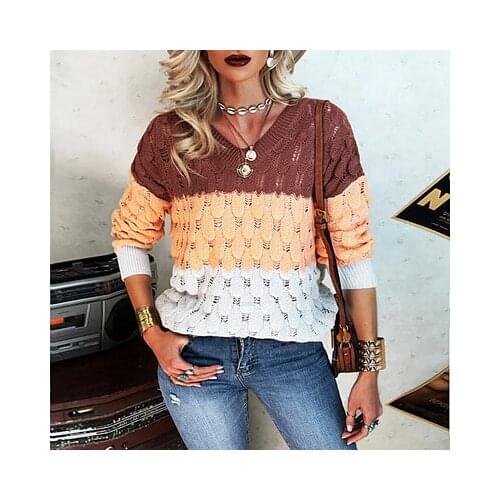 Autumn And Winter Fashion New V-Neck Long Sleeve Sweater Womens Splicing Contrast Color Casual Loose Lady Sweater