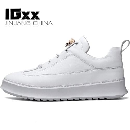 IGxx Casual Shoes For Men Glitter Punk Metal Casual Shoes Mens Flats Genuine Leather Travel Drive Shoes Men Elevator White
