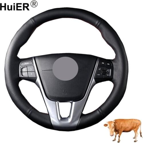 HuiER Hand Sewing Car Steering Wheel Cover Volant Funda Volante Top Layer Cow Leather For Volvo S60 V40 V60 V70 2014 XC60 Auto