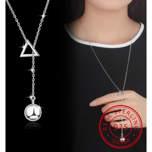 925 Sterling Silver Jewelry Triangle Strip Long Chain Pendants&Necklaces For Women collares S-N50