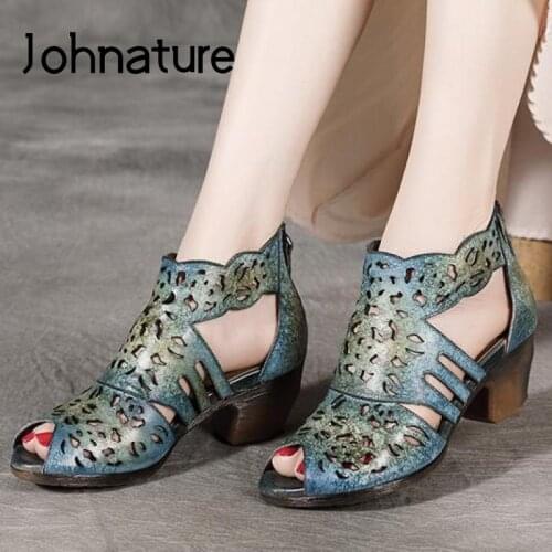 Johnature Women Sandals Summer 2021 New Women Shoes Genuine Leather Retro Zip Casual Sewing Handmade Leisure Ladies Sandals