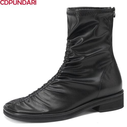 Ladies Black White Pleated Low Heels Ankle Boots For Women Autumn Winter Chelsea Short Boots Shoes Bottine Femme Botines Mujer