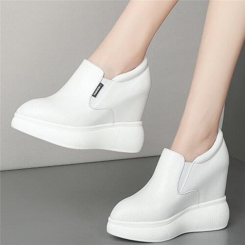 12cm High Heel Fashion Sneakers Women Breathable Genuine Leather Wedges Ankle Boots Female Pointed Toe Creepers Casual Shoes