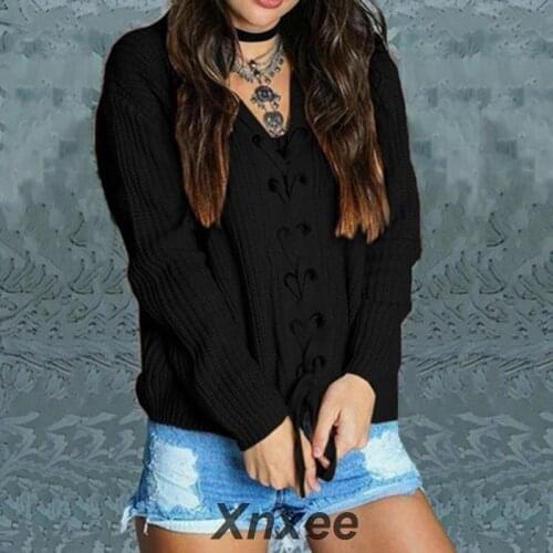 Women Sweater Lace-up Sweater Knitted Sweaters For Women Winter Tops Off Shoulder Pullovers Female Jumper Sweater 2019 Xnxee