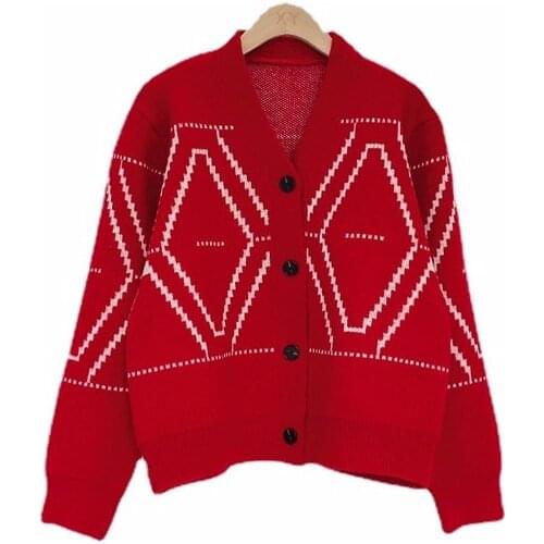 2021 Korean fashion casual loose diamond lattice jacquard knitted sweater women spring all-match cardigan