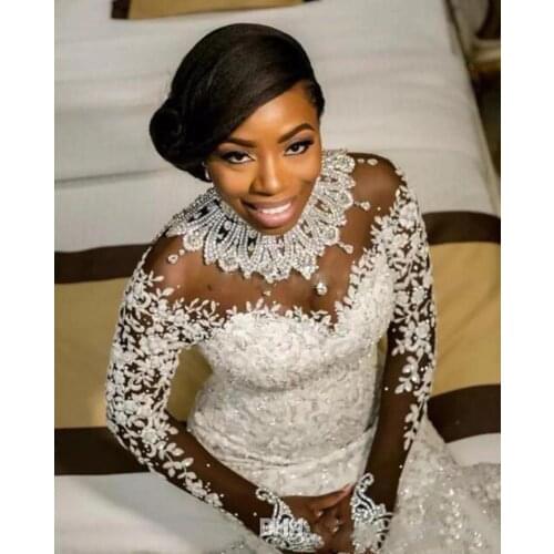 Latest Luxury High Neck Mermaid Wedding Gowns Arabic Africa Crystals Sheer Long Sleeve Wedding Bride Dress Vestido De Novia