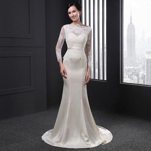 SL-011 wedding dress 2020 women vestido mermaid 2 in 1 lace satin robe longue manche longue beaded beaded ivory elegant pretty