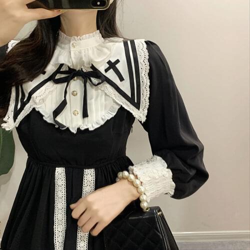 Vintage Lolita Dress Women Black Patchwork Gothic Fairy Midi Dresses Female Elegant Kawaii Princess Korean Party Dress 2021 Fall