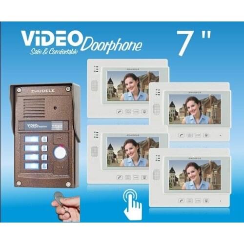 ZHUDELE Top quality 7"color video door phone,CCD camera with ID CARD UNLOCK ,touch screen can connect CCTV camera ,1 to 4