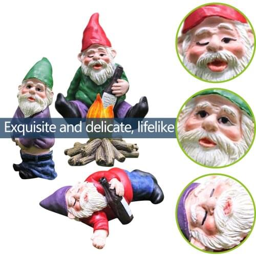 4pcs Fairy Garden Drunk Gnomes Miniature Ornaments Set Mini Dwarf Bonfire Statues for Planter Flowerpot Decor Accessories