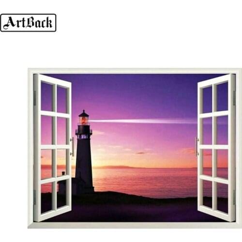 5d diy diamond painting lighthouse sunset window landscape full square diamond mosaic embroidery home decoration sticker