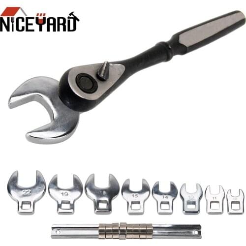 8 Pcs 3/8 Inch Interchangeable Head Spanner Ratchet Wrench Drive Crowfoot Wrench Set Metric Chrome Plated Hand Tools