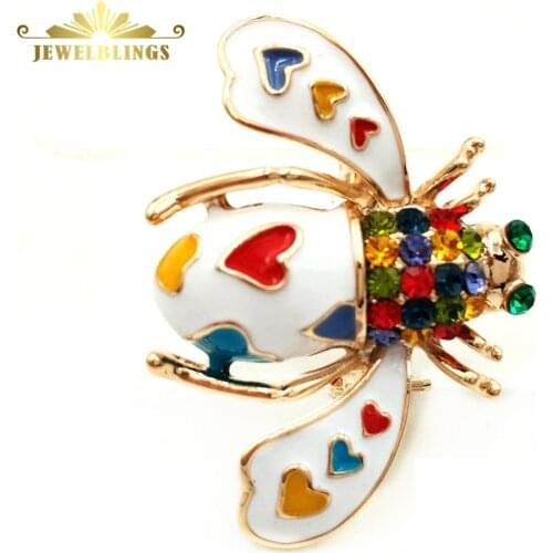 Pretty Pave Colored Crystal White Enameled Beetle Bug Brooches Gold Tone Colorful Heart Spotted Bee Pins Broach Insect Jewelry