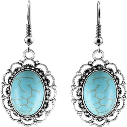 FYJS Unique Silver Plated Decorative Pattern Oval Shape Green Turquoises Stone Drop Earrings Ethnic Style Jewelry