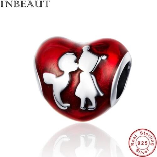 INBEAUT 100% 925 Sterling Silver Red Heart Lovely Little Boy&Girl Beads Cute Childhood Friendship Charms fit Brand Bracelet