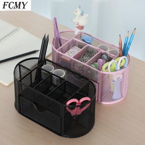 Large Capacity 9 Cell Metal Desk Organizer Mesh Desktop Pencil Pen Sundries Badge Holder Storage Box Stationery Office