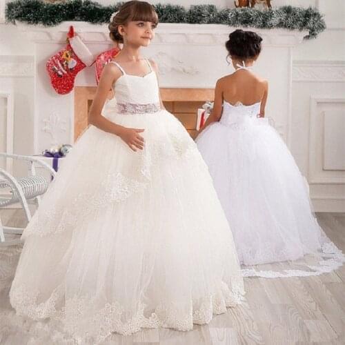 Lovely Tiered Princess Kids Flower Girl Dresses For Wedding Party Bateau Neck Lace Appliqued Toddler Pageant Dresses for Girl