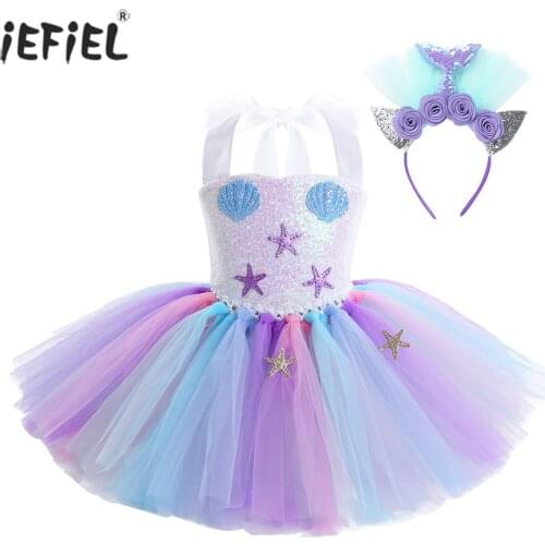 Cute Baby Girl Dress Sparkly Starfish Shell Sequins Mesh Tutu Dress Carnival Cosplay Party Sleeveless Kids Dress Dancewear